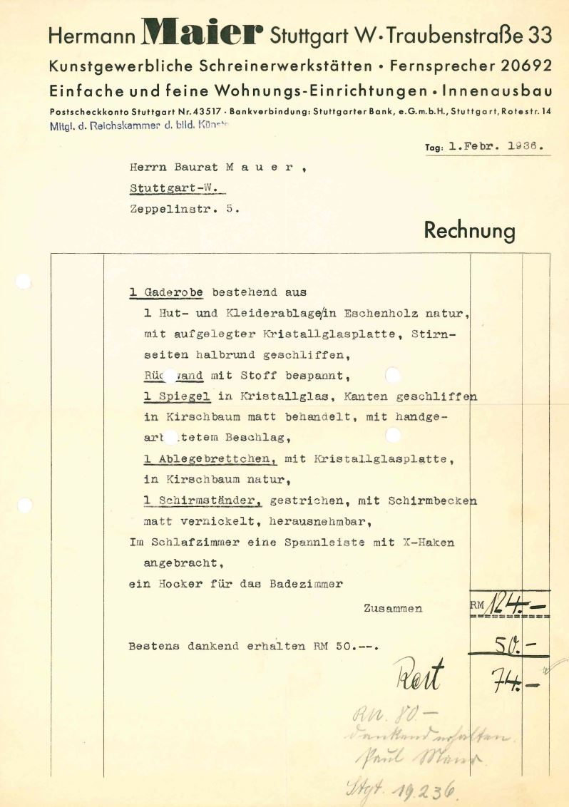 Rechnung aus dem Jahre 1936 Schreinerei Hermann Maier