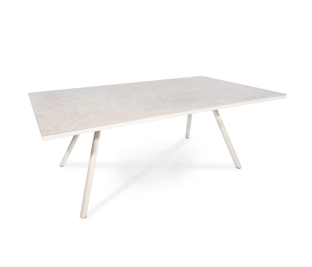 Outdoor Tisch TESO Fischer Gestell: Edelstahl weiß pulverbeschichtet Tischplatte: ceramtop Paros Natural Maße: 150 x 95 cm